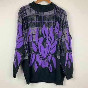 Vintage Classic Essentials size Large Women’s Black Purple Floral Plaid Sweater